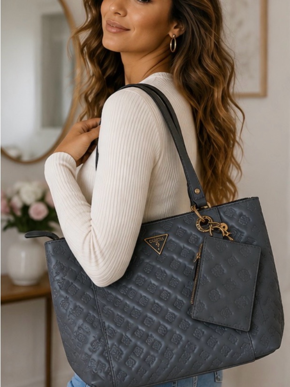 GUESS Embossed Logo Quilted Tote Bag Gray Blue Gold Hardware Shoulder Bag